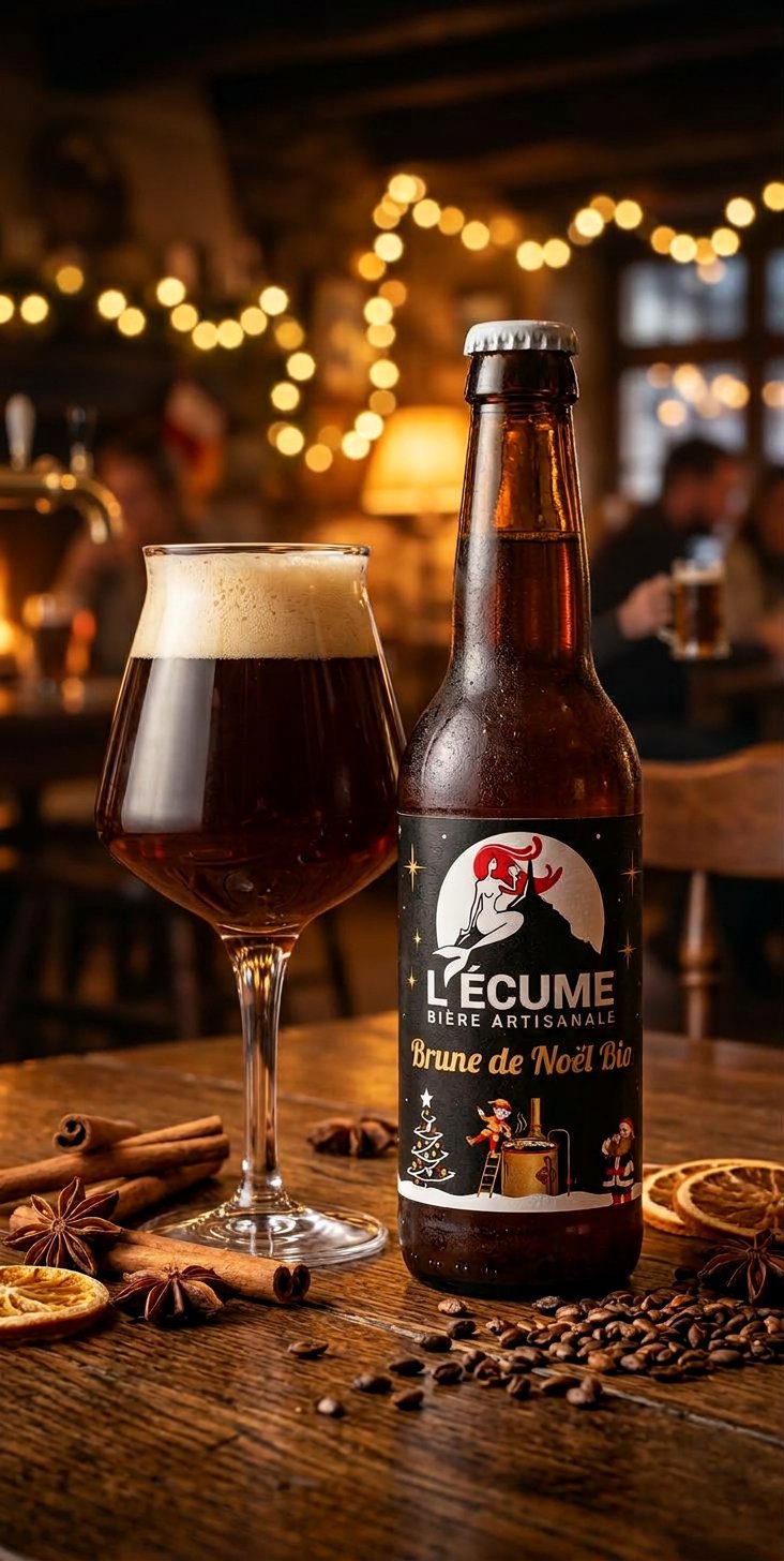 Bouteille L'Écume Brune de Noël Bio et son verre de dégustation