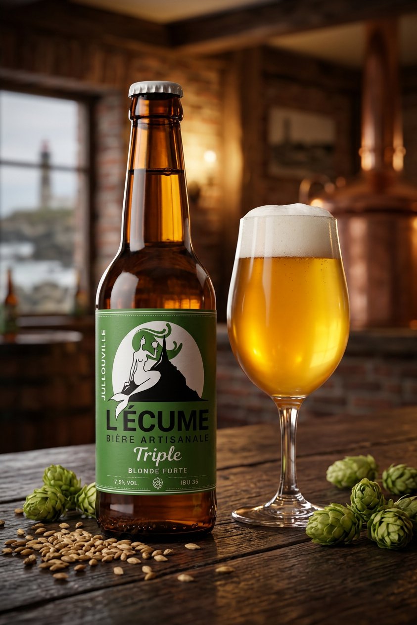 Bouteille de bière artisanale L'Écume Triple Jullouville et verre de dégustation